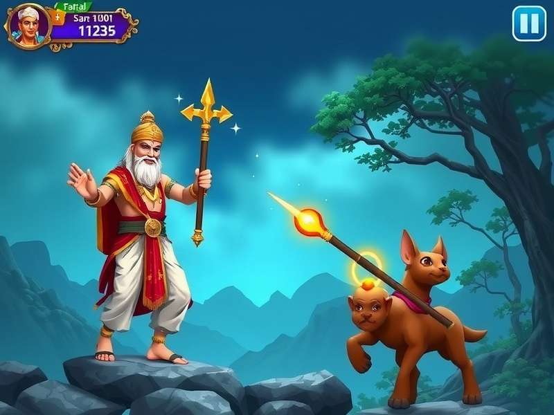 Divine Sai Adventure gameplay screenshot showing Lord Sai Baba in sacred landscape